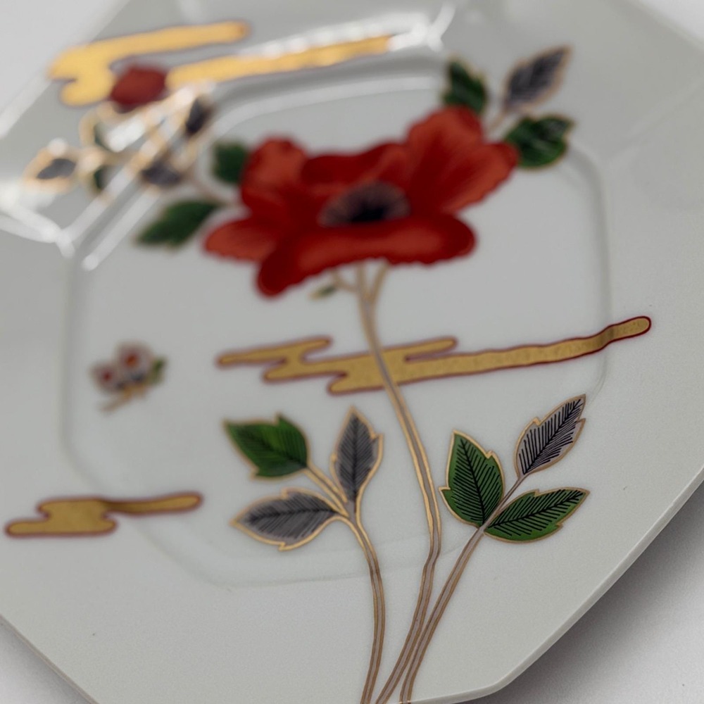 Fitz and Floyd Fleur de Nippon Octagonal Salad Plate Red Floral Butterfly 7.25"
